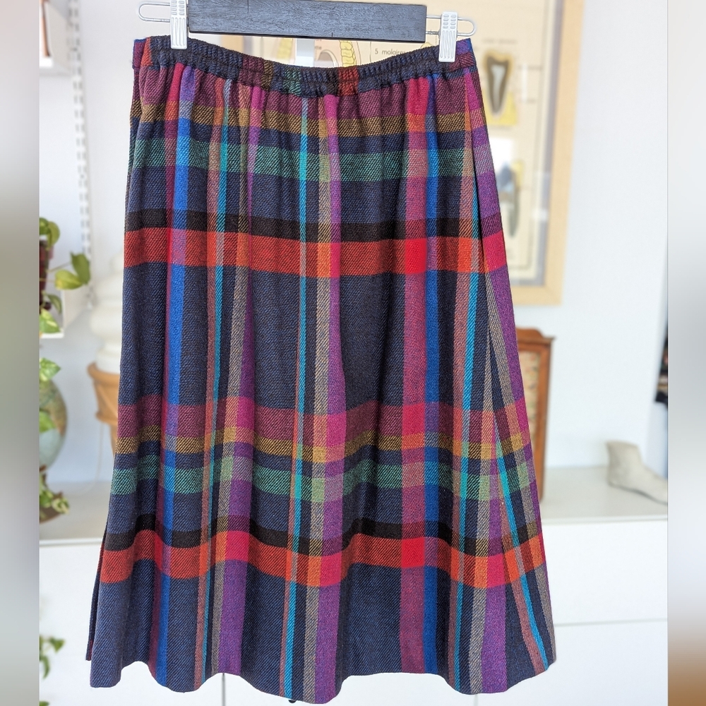 Vintage Wool Blend Plaid A-Line Midi Skirt M - Picture 4 of 9